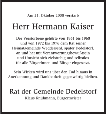 Traueranzeige von Hermann Kaiser von ALLGEMEINE ZEITUNG UELZEN