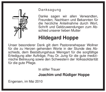 Traueranzeige von Hildegard Hoppe von ALLGEMEINE ZEITUNG UELZEN