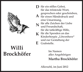 Traueranzeige von Willi Brockhöfer von ALLGEMEINE ZEITUNG UELZEN