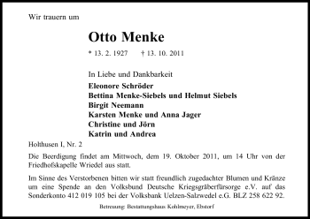 Traueranzeige von Otto Menke von ALLGEMEINE ZEITUNG UELZEN