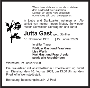 Traueranzeige von Jutta Gast von ALLGEMEINE ZEITUNG UELZEN