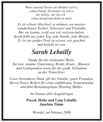 Traueranzeige von Sarah Lebailly von ALLGEMEINE ZEITUNG UELZEN