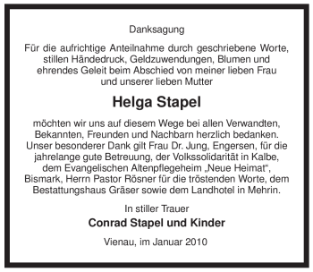 Traueranzeige von Helga Stapel von ALLGEMEINE ZEITUNG UELZEN