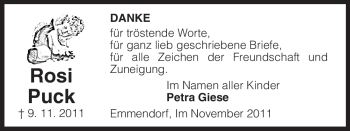 Traueranzeige von Rosi Puck von ALLGEMEINE ZEITUNG UELZEN