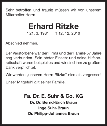 Traueranzeige von Erhard Ritzke von ALLGEMEINE ZEITUNG UELZEN
