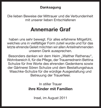 Traueranzeige von Annemarie Graf von ALLGEMEINE ZEITUNG UELZEN