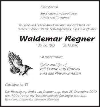 Traueranzeige von Waldemar Regner von ALLGEMEINE ZEITUNG UELZEN