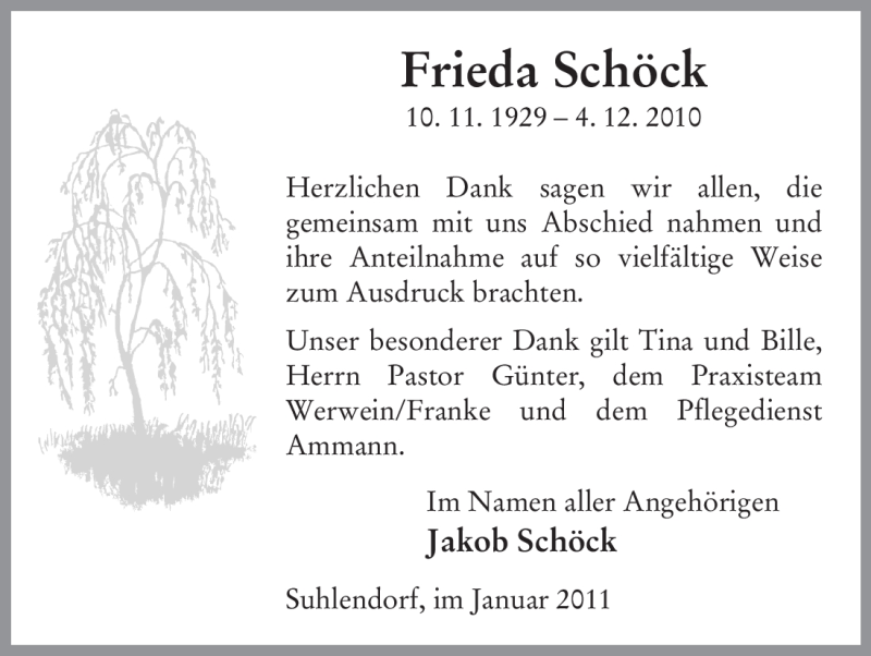  Traueranzeige für Frieda Schöck vom 08.01.2011 aus ALLGEMEINE ZEITUNG UELZEN