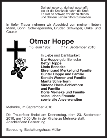 Traueranzeige von Otmar Hoppe von ALLGEMEINE ZEITUNG UELZEN