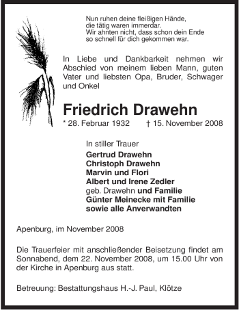 Traueranzeige von Friedrich Drawehn von ALLGEMEINE ZEITUNG UELZEN