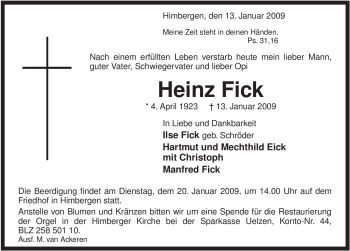 Traueranzeige von Heinz Fick von ALLGEMEINE ZEITUNG UELZEN