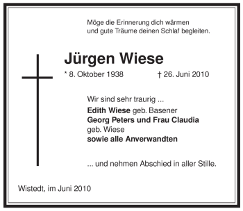 Traueranzeige von Jürgen Wiese von ALLGEMEINE ZEITUNG UELZEN