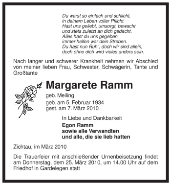 Traueranzeige von Margarete Ramm von ALLGEMEINE ZEITUNG UELZEN