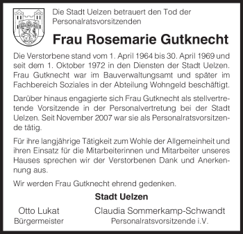 Traueranzeige von Rosemarie Gutknecht von ALLGEMEINE ZEITUNG UELZEN