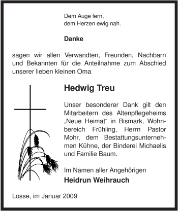 Traueranzeige von Hedwig Treu von ALLGEMEINE ZEITUNG UELZEN