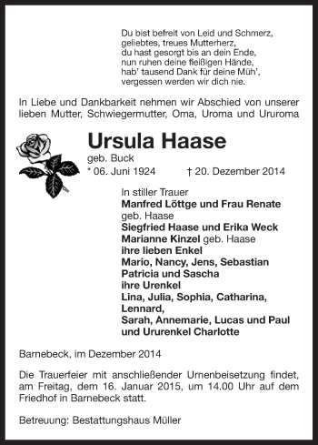 Traueranzeige von Ursula Haase von Uelzen