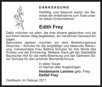 Traueranzeige von Edith Frey von ALLGEMEINE ZEITUNG UELZEN