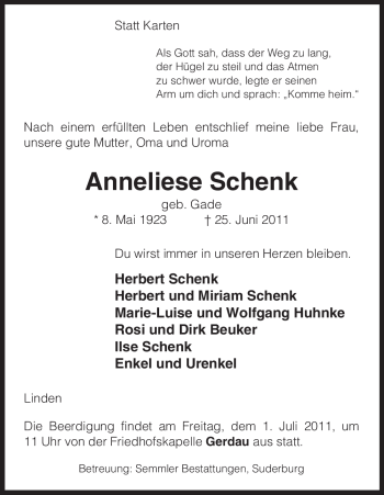 Traueranzeige von Anneliese Schenk, von ALLGEMEINE ZEITUNG UELZEN