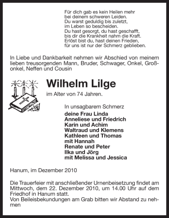 Traueranzeige von Wilhelm Lilge von ALLGEMEINE ZEITUNG UELZEN