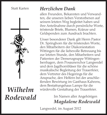 Traueranzeige von Wilhelm Rodewald von ALLGEMEINE ZEITUNG UELZEN