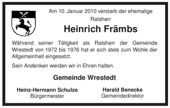Traueranzeige von Heinrich Främbs von ALLGEMEINE ZEITUNG UELZEN