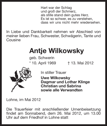 Traueranzeige von Antje Wilkowsky von ALLGEMEINE ZEITUNG UELZEN