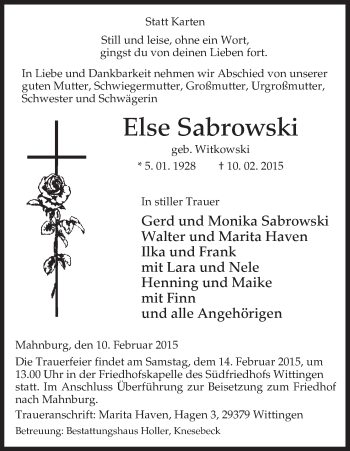 Traueranzeige von Else Sabrowski von Uelzen