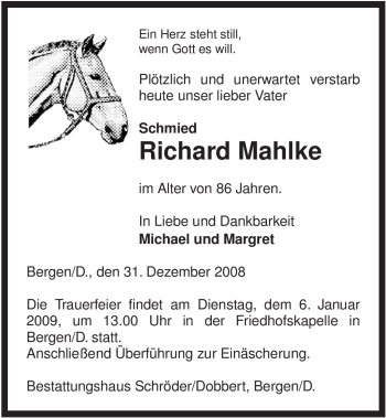 Traueranzeige von Richard Mahlke von ALLGEMEINE ZEITUNG UELZEN