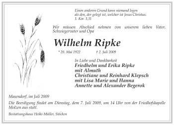 Traueranzeige von Wilhelm Ripke von ALLGEMEINE ZEITUNG UELZEN