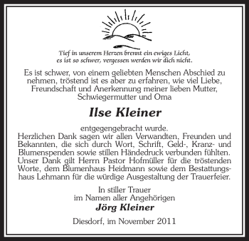 Traueranzeige von Ilse Kleiner von ALLGEMEINE ZEITUNG UELZEN