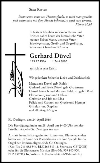 Traueranzeige von Gerhard Düvel von ALLGEMEINE ZEITUNG UELZEN