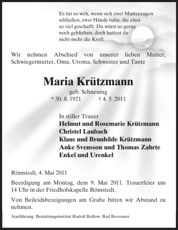 Traueranzeige von Maria Krützmann von ALLGEMEINE ZEITUNG UELZEN