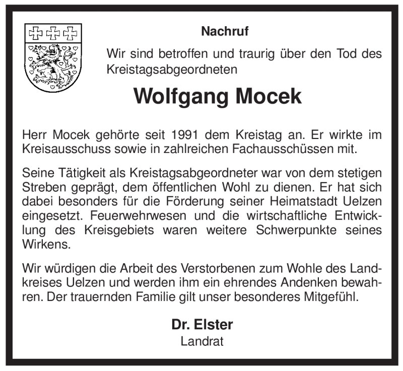  Traueranzeige für Wolfgang Mocek vom 28.04.2010 aus ALLGEMEINE ZEITUNG UELZEN