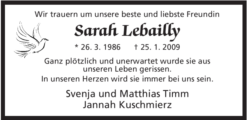  Traueranzeige für Sarah Lebailly vom 28.01.2009 aus ALLGEMEINE ZEITUNG UELZEN