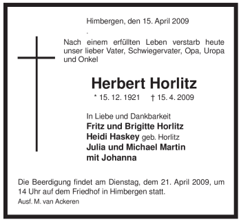 Traueranzeige von Herbert Horlitz von ALLGEMEINE ZEITUNG UELZEN