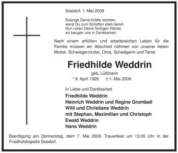 Traueranzeige von Friedhilde Weddrin von ALLGEMEINE ZEITUNG UELZEN