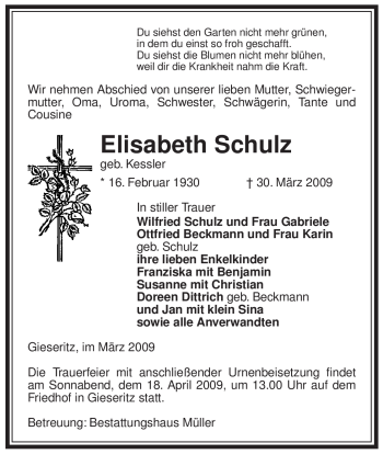 Traueranzeige von Elisabeth Schulz von ALLGEMEINE ZEITUNG UELZEN