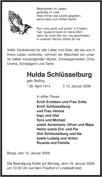 Traueranzeige von Hulda Schlüsselburg von ALLGEMEINE ZEITUNG UELZEN