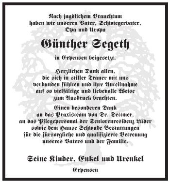 Traueranzeige von Günther Segeth von ALLGEMEINE ZEITUNG UELZEN