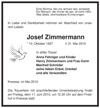 Traueranzeige von Josef Zimmermann von ALLGEMEINE ZEITUNG UELZEN