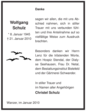 Traueranzeige von Wolfgang Schulz von ALLGEMEINE ZEITUNG UELZEN