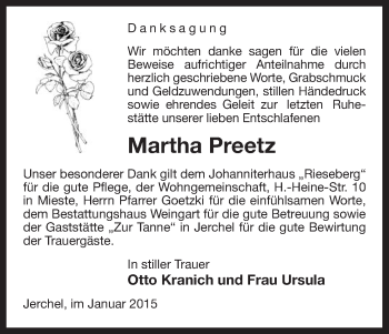 Traueranzeige von Martha Preetz von Uelzen