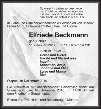 Traueranzeige von Elfriede Beckmann von ALLGEMEINE ZEITUNG UELZEN