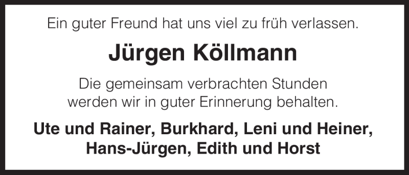  Traueranzeige für Jürgen Köllmann vom 05.05.2011 aus ALLGEMEINE ZEITUNG UELZEN