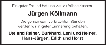 Traueranzeige von Jürgen Köllmann von ALLGEMEINE ZEITUNG UELZEN