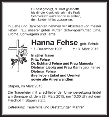 Traueranzeige von Hanna Fehse von Uelzen