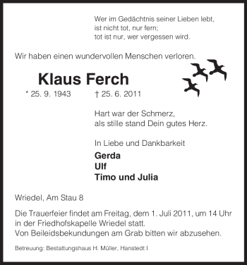 Traueranzeige von Klaus Ferch von ALLGEMEINE ZEITUNG UELZEN