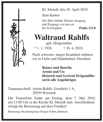 Traueranzeige von Waltraud Rahlfs von ALLGEMEINE ZEITUNG UELZEN