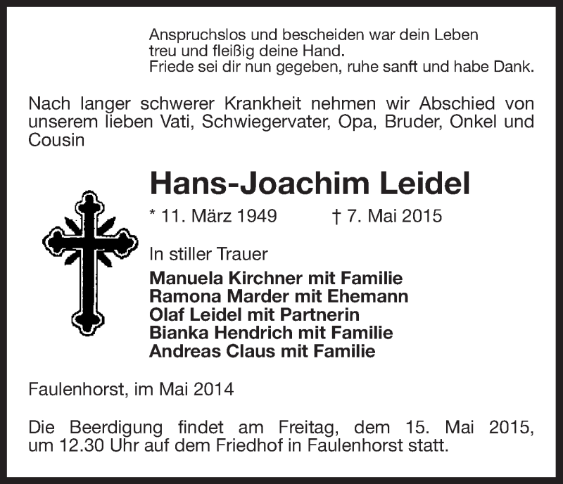  Traueranzeige für Hans-Joachim Leidel vom 13.05.2015 aus Uelzen