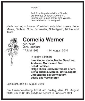 Traueranzeige von Cornelia Werner von ALLGEMEINE ZEITUNG UELZEN